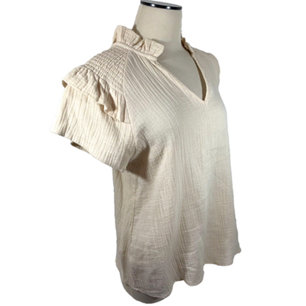 Mazik Blouse Women's Sz M Light Peach V-Neck 100% Cotton Ruffles Pullover - Picture 3 of 11